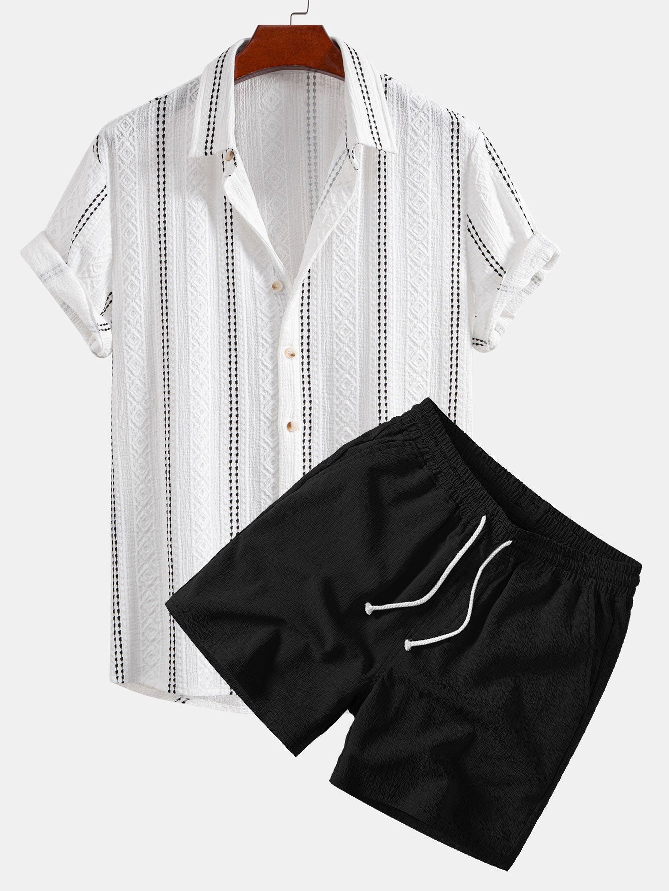 Setti: geometrinen jacquard-nappipaita ja kreppipintaiset shortsit