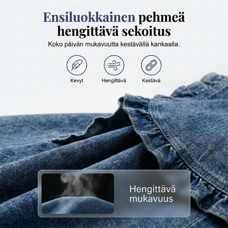Sinisen farkkutakin pehmeän hengittävän denimin materiaalikuva