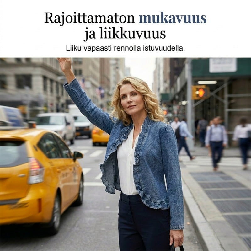 Naisten röyhelöreunainen, edestä avoin farkkutakki