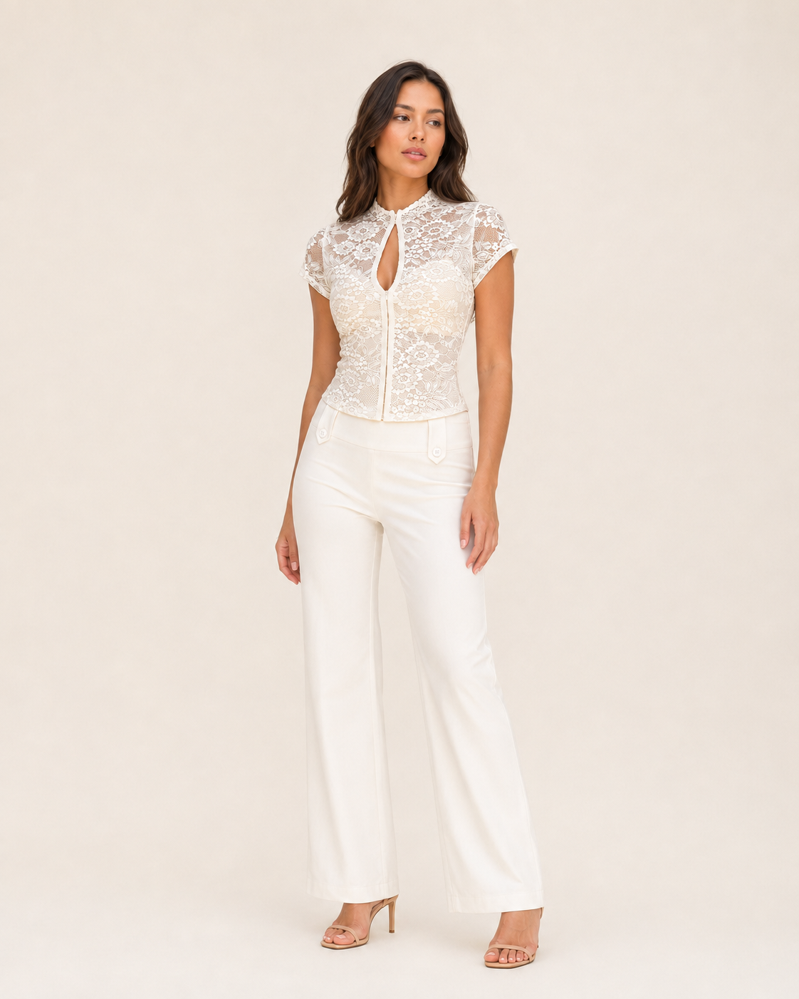 Aria cream-white floral lace top, three-quarter full-body catalog view