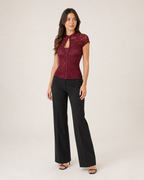 Aria wine-burgundy floral lace top, three-quarter full-body catalog view
