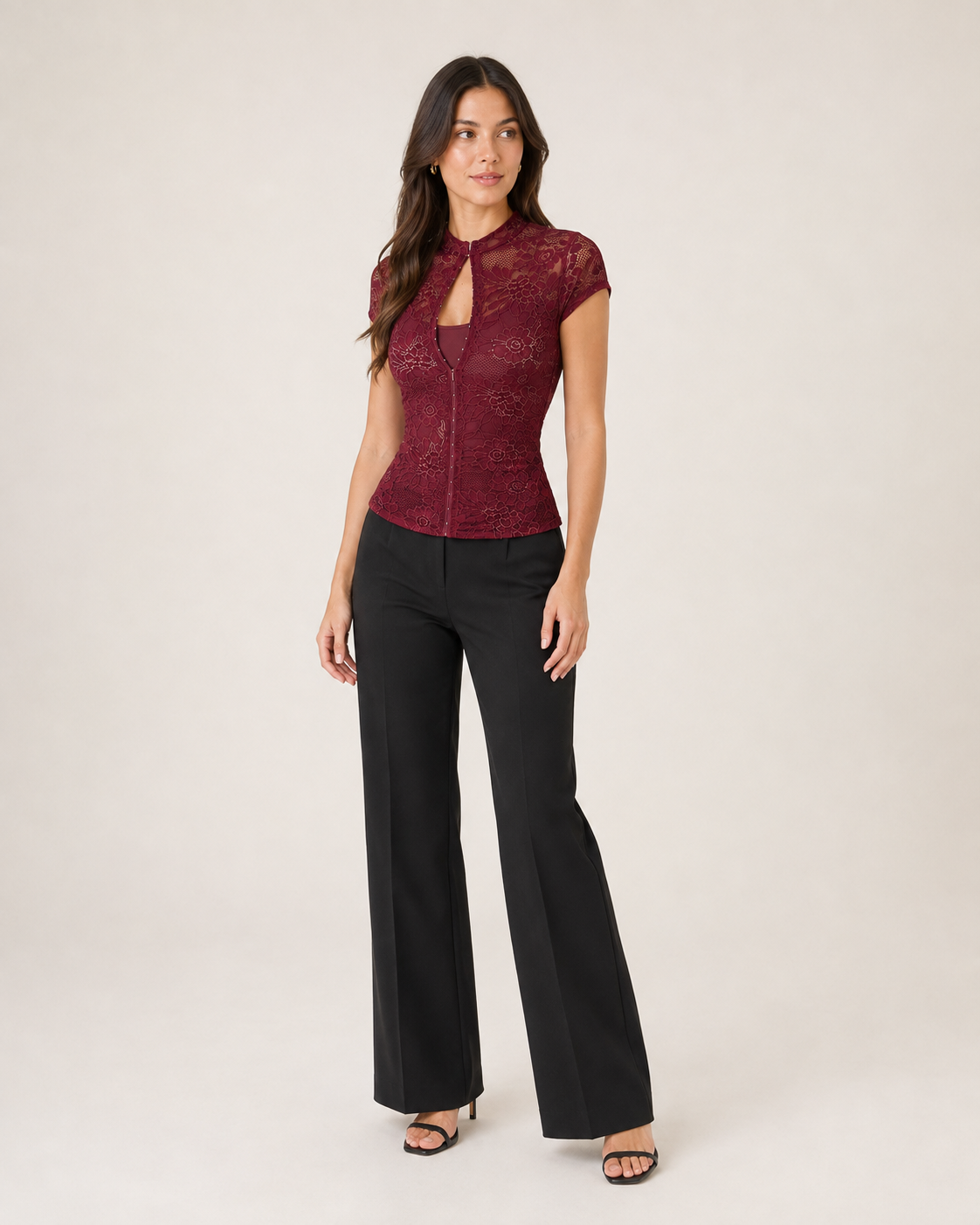 Aria wine-burgundy floral lace top, three-quarter full-body catalog view
