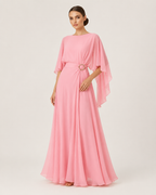 Blush pink flowing occasion outfit on model, full-body catalog view