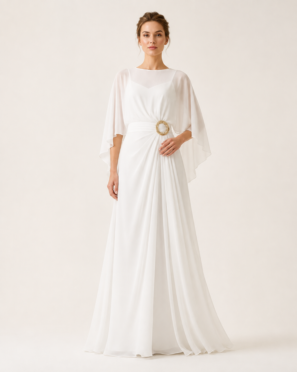 Ivory-white flowing occasion outfit on model, full-body catalog view