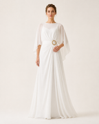 Ivory-white flowing occasion outfit on model, full-body catalog view