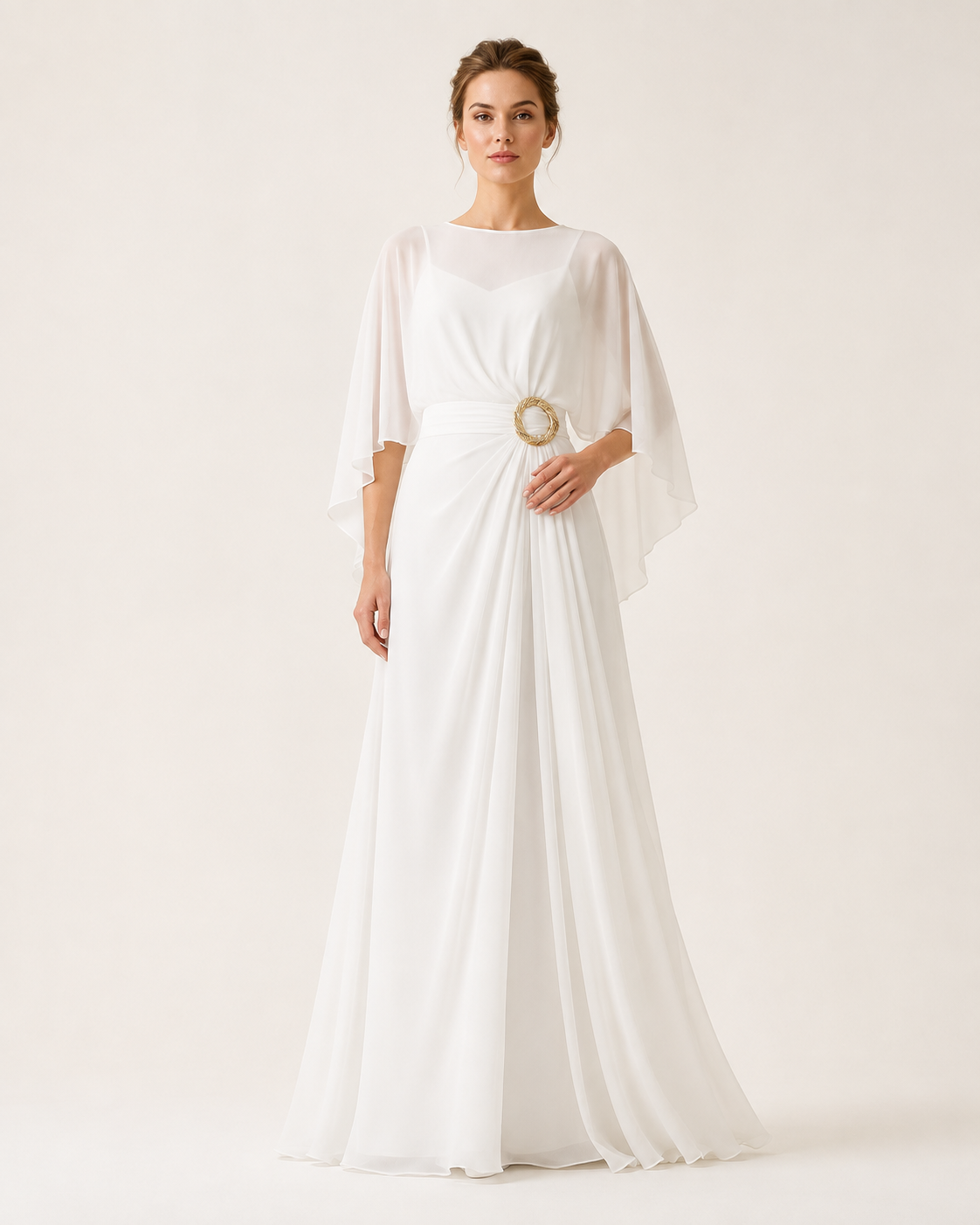 Ivory-white flowing occasion outfit on model, full-body catalog view