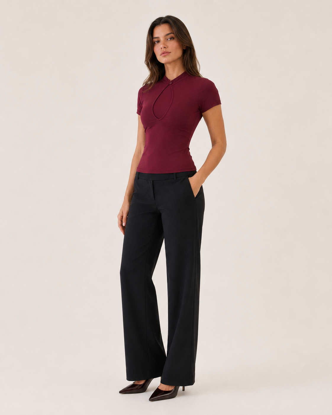 Baia burgundy short-sleeve keyhole top, three-quarter full-body catalog view