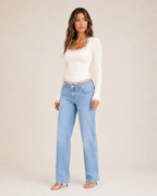 Blair cream-white lace-trim long-sleeve top, three-quarter full-body catalog view