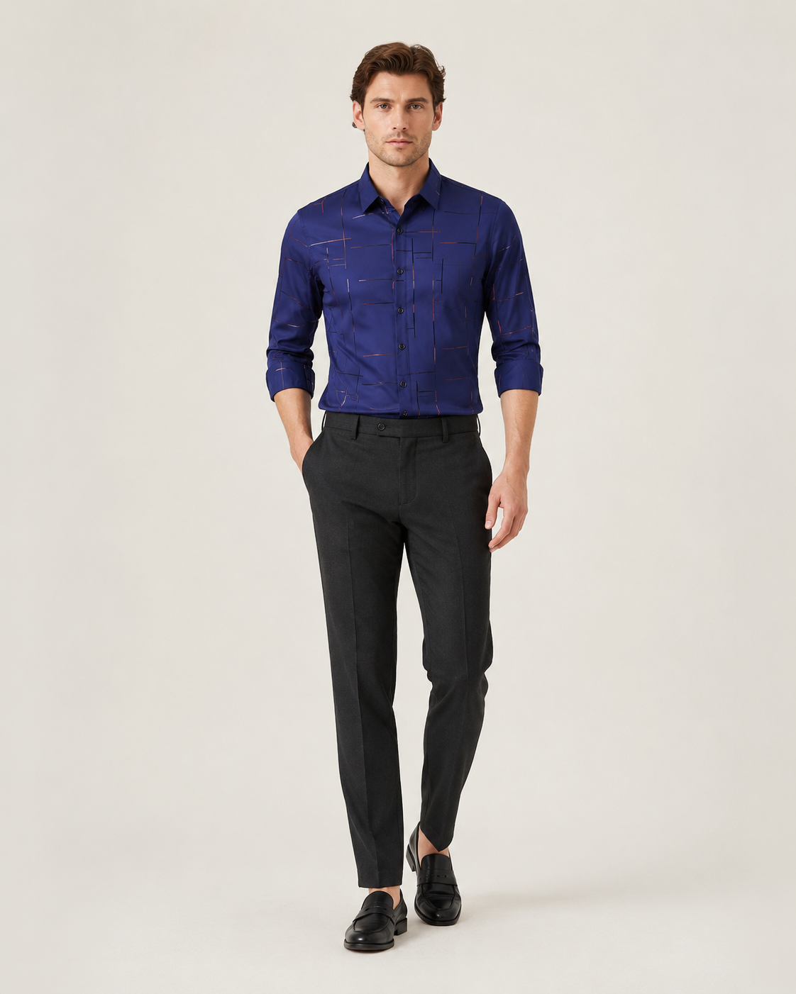 Ultra-thin men's patterned shirt in navy blue, full-body studio catalog view