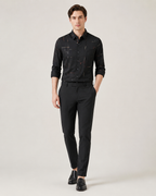 Ultra-thin men's patterned shirt in black, full-body studio catalog view