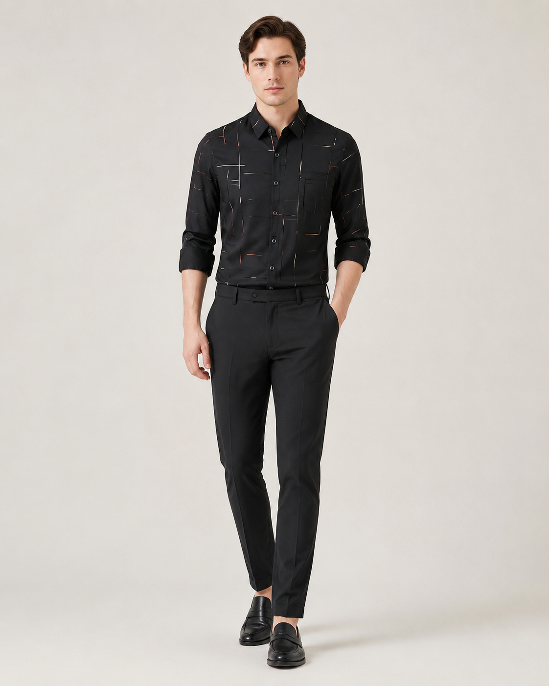 Ultra-thin men's patterned shirt in black, full-body studio catalog view