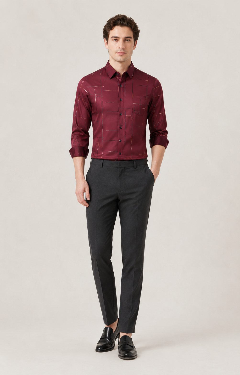 Ultra-thin men's patterned shirt in wine red, full-body studio catalog view