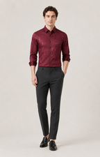 Ultra-thin men's patterned shirt in wine red, full-body studio catalog view