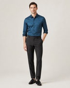 Ultra-thin men's patterned shirt in petroleum blue, full-body studio catalog view