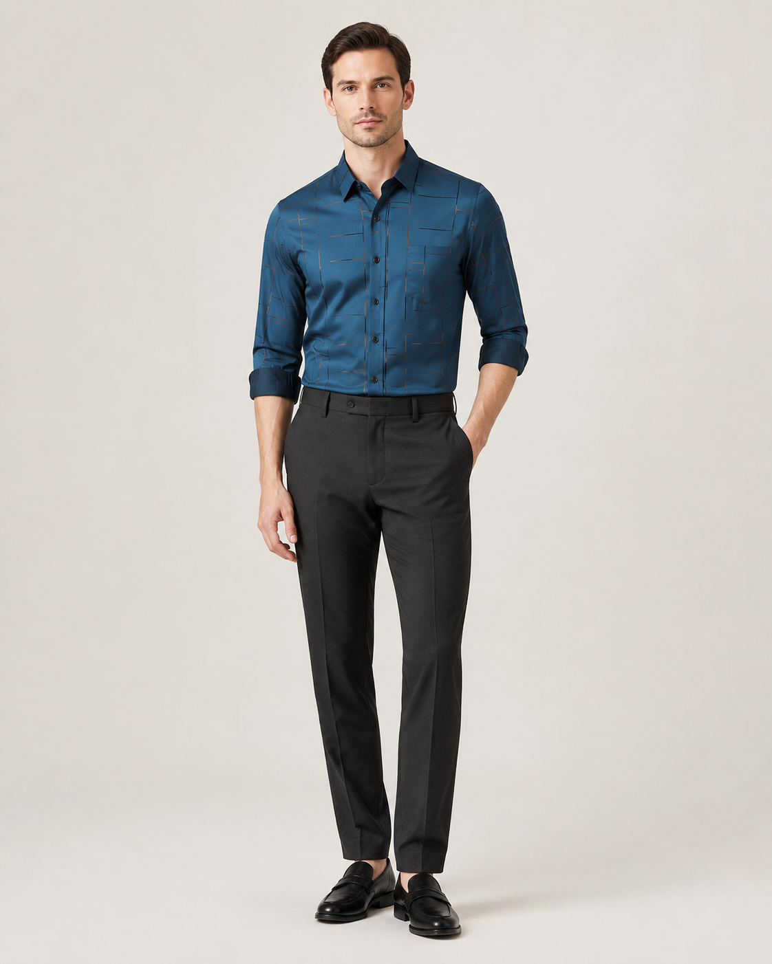 Ultra-thin men's patterned shirt in petroleum blue, full-body studio catalog view