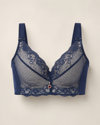 Highly supportive longline bra in navy blue and grey, product-only studio view