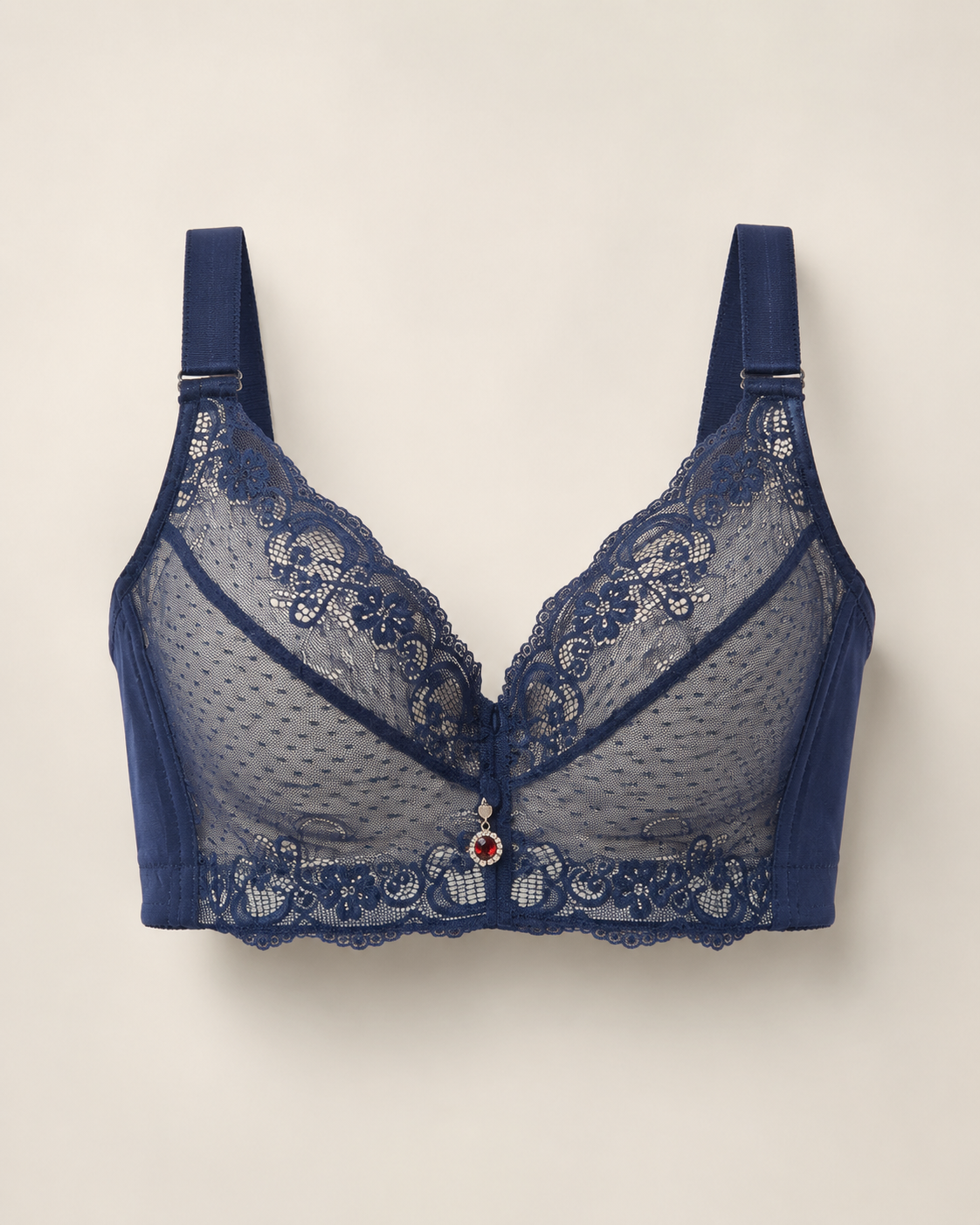Highly supportive longline bra in navy blue and grey, product-only studio view