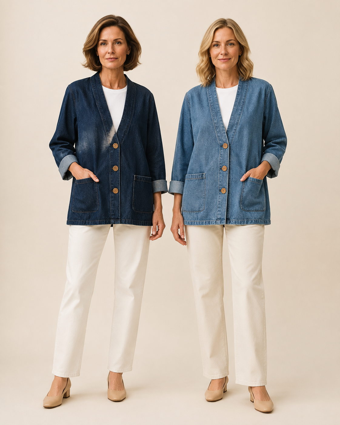Conjunto de casacos de ganga azul-escuro e azul-claro em duas modelos