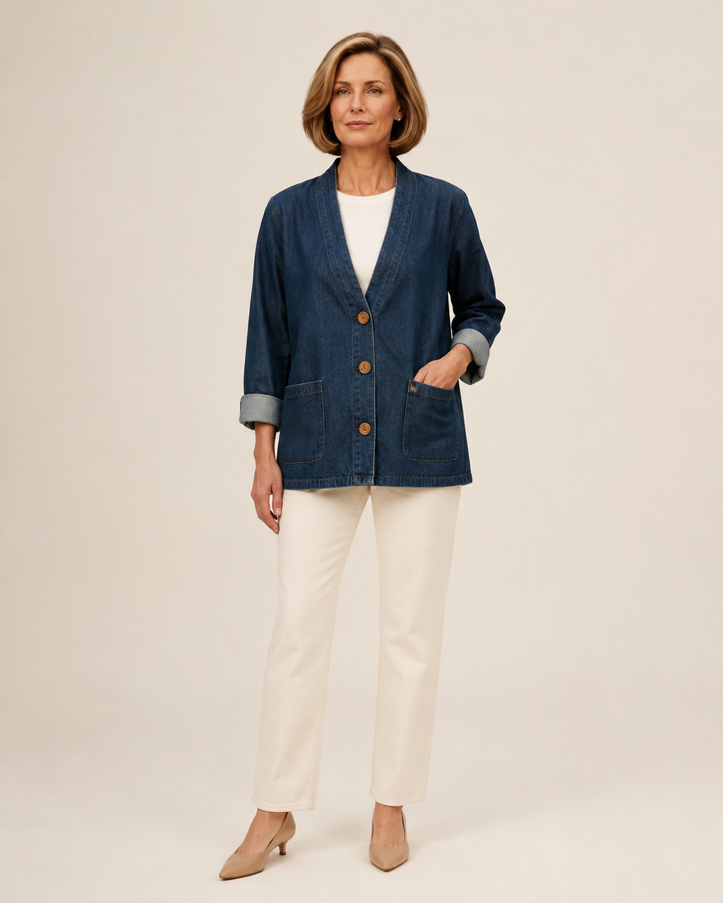 Casaco de ganga feminino azul-escuro em modelo