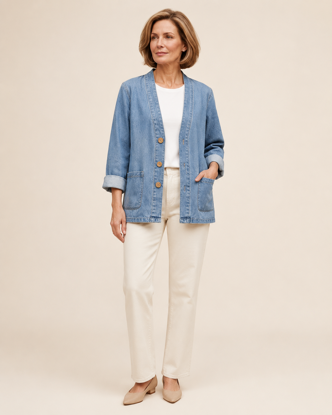 Casaco de ganga feminino azul-claro em modelo