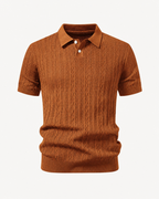 Kamelinruskea geometrinen jacquard-neulepikeepaita, tekninen tuotekuva