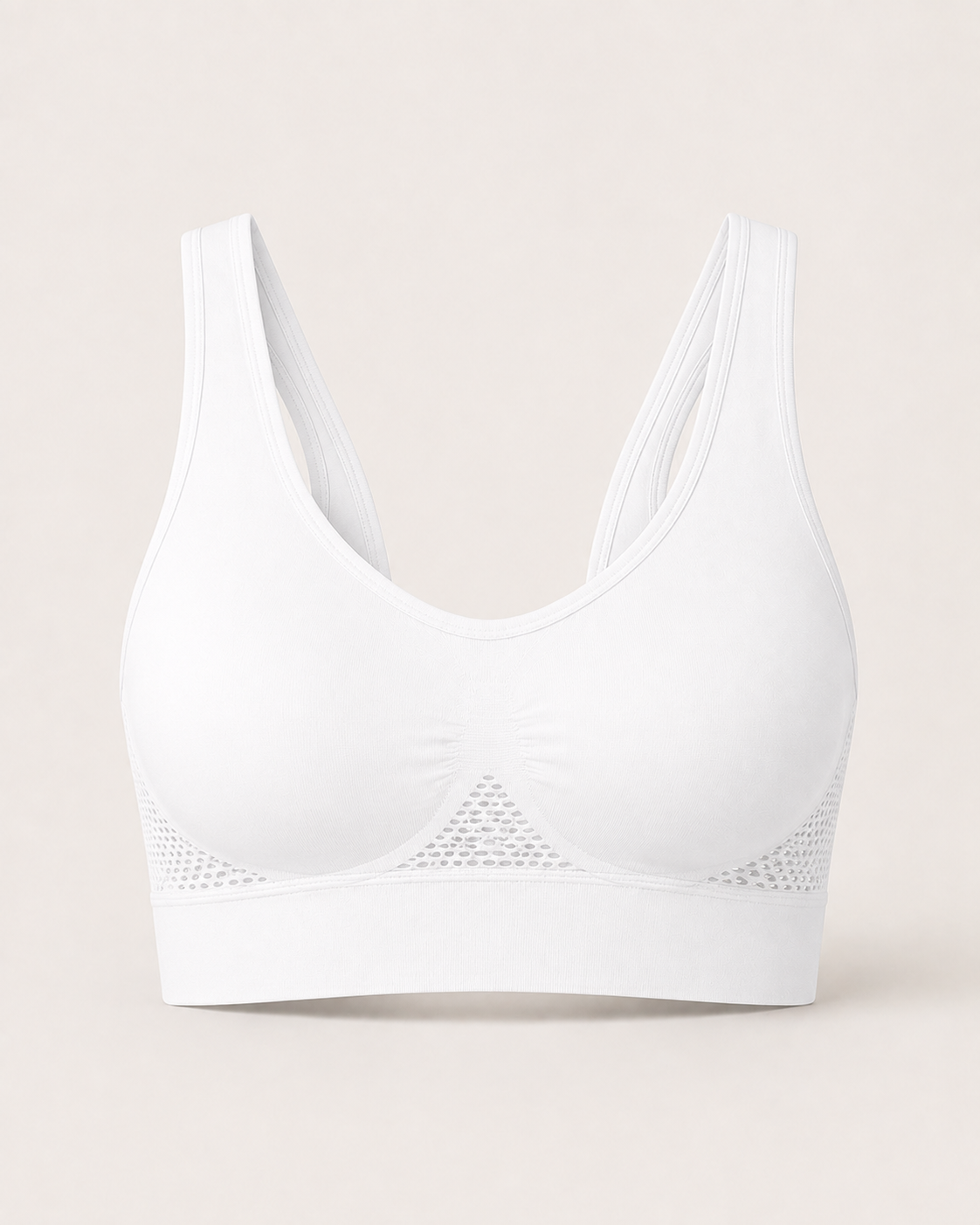 Breathable seamless sports bra in white, product-only studio view