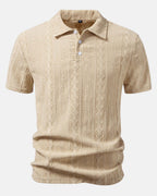 Beige geometrinen jacquard-pikeepaita edestä