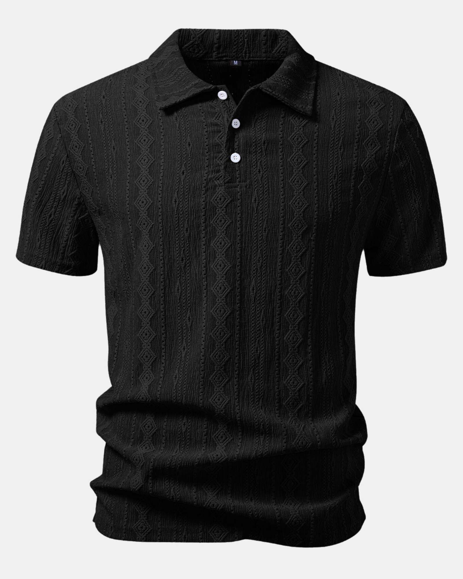 Musta geometrinen jacquard-pikeepaita edestä