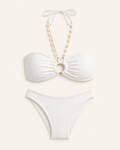 Valkoinen jacquard-kuvioinen bandeau-halterneck-bikinisetti, tekninen tuotekuva