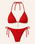 Punainen jacquard-kuvioinen halterneck-bikinisetti nyörikiristyksellä, tekninen tuotekuva