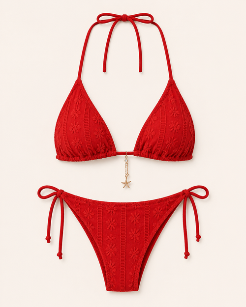 Punainen jacquard-kuvioinen halterneck-bikinisetti nyörikiristyksellä, tekninen tuotekuva
