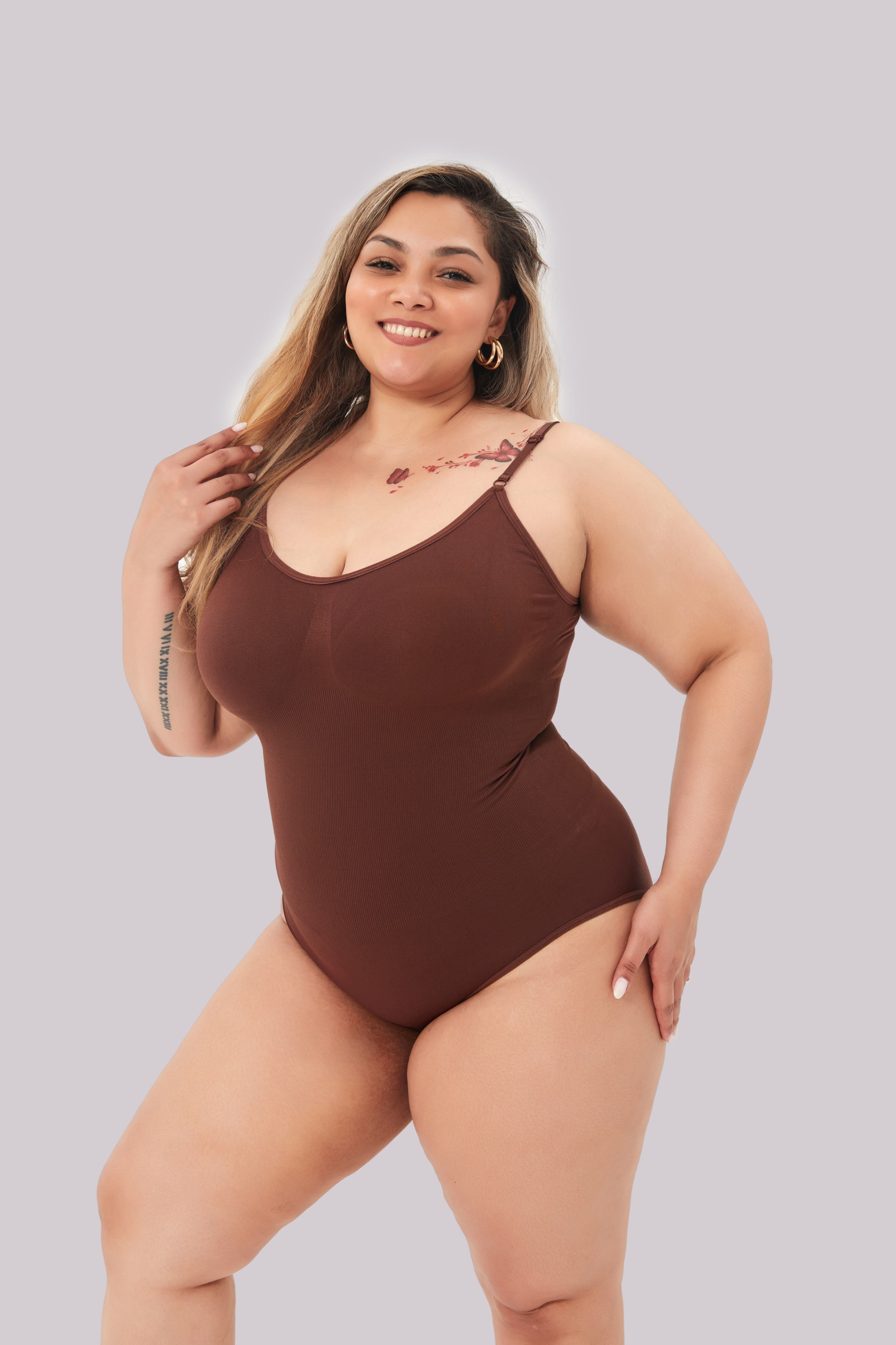 Brown seamless shaping bodysuit worn by model, front view