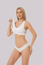Model wearing the breathable seamless sports bra in white