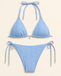 Vaaleansininen kukkajacquard-kuvioinen halterneck-bikinisetti helmi-yksityiskohdilla, tekninen tuotekuva