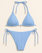 Vaaleansininen kukkajacquard-kuvioinen halterneck-bikinisetti helmi-yksityiskohdilla, tekninen tuotekuva
