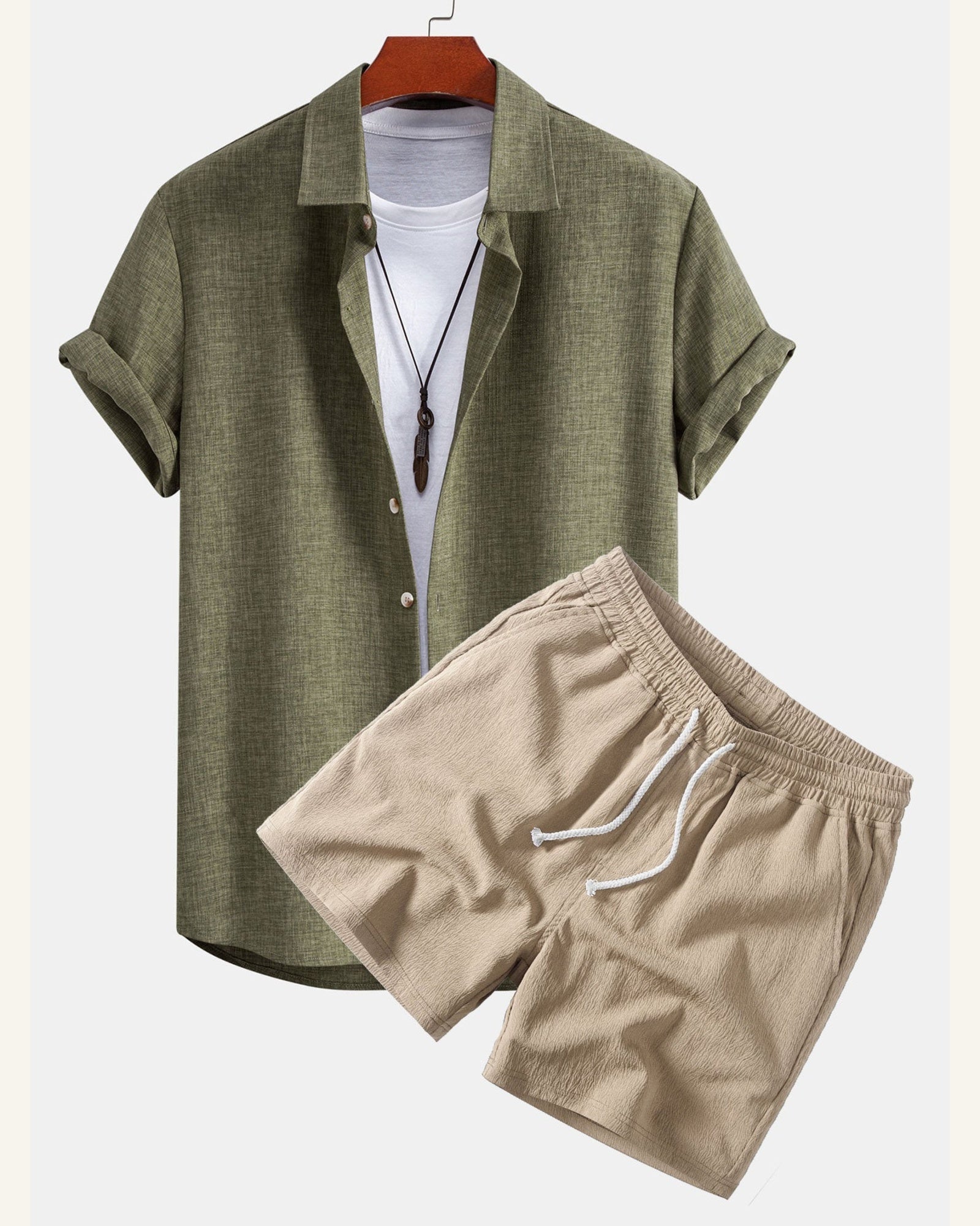 Tummanvihreä pellavatyylinen nappipaita ja beige kreppipintaiset shortsit, tekninen tuotekuva