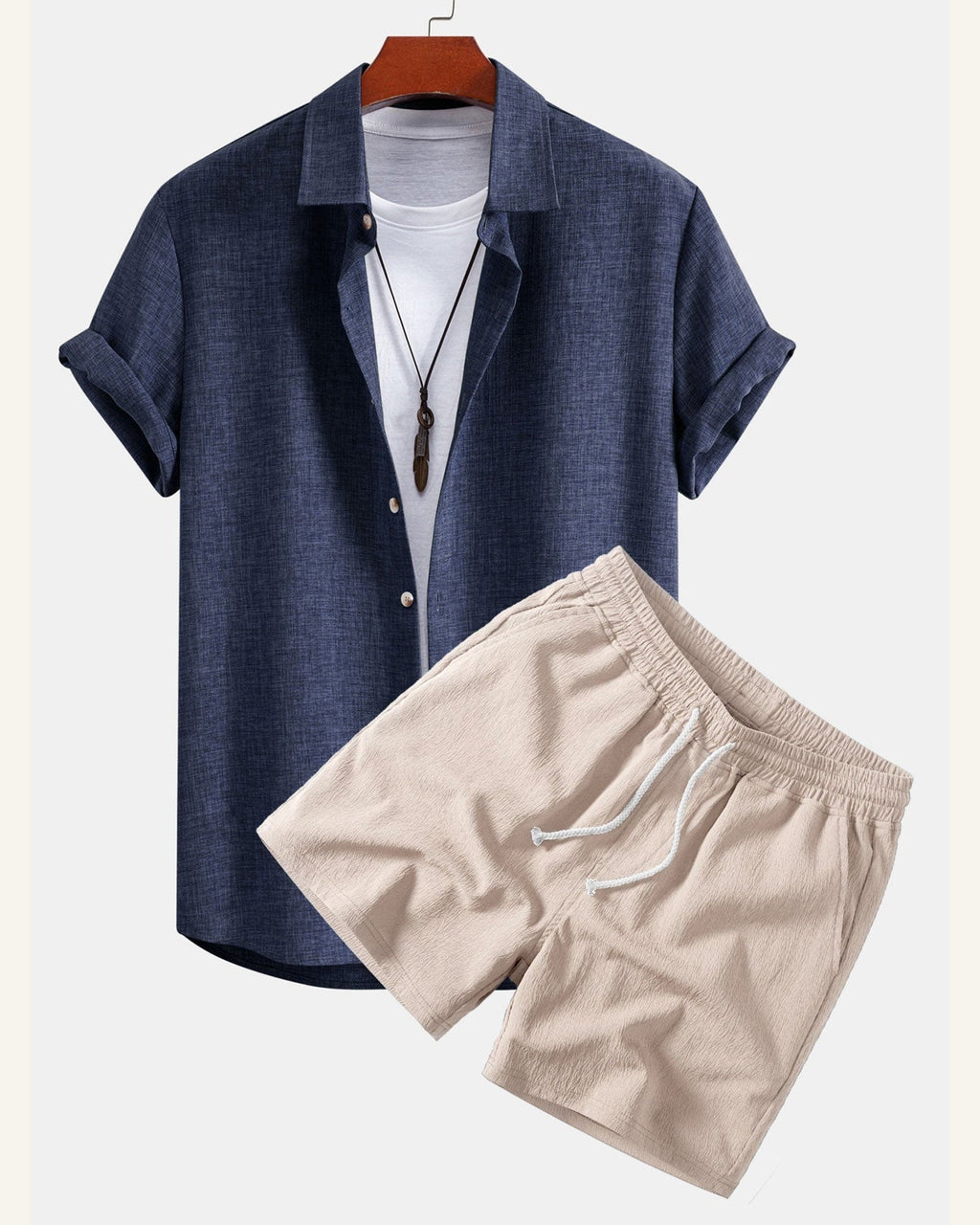 Laivastonsininen pellavatyylinen nappipaita ja beiget kreppipintaiset shortsit, tekninen tuotekuva