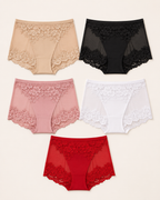 Conjunto de cinco cuecas boxer de renda em cores claras e básicas