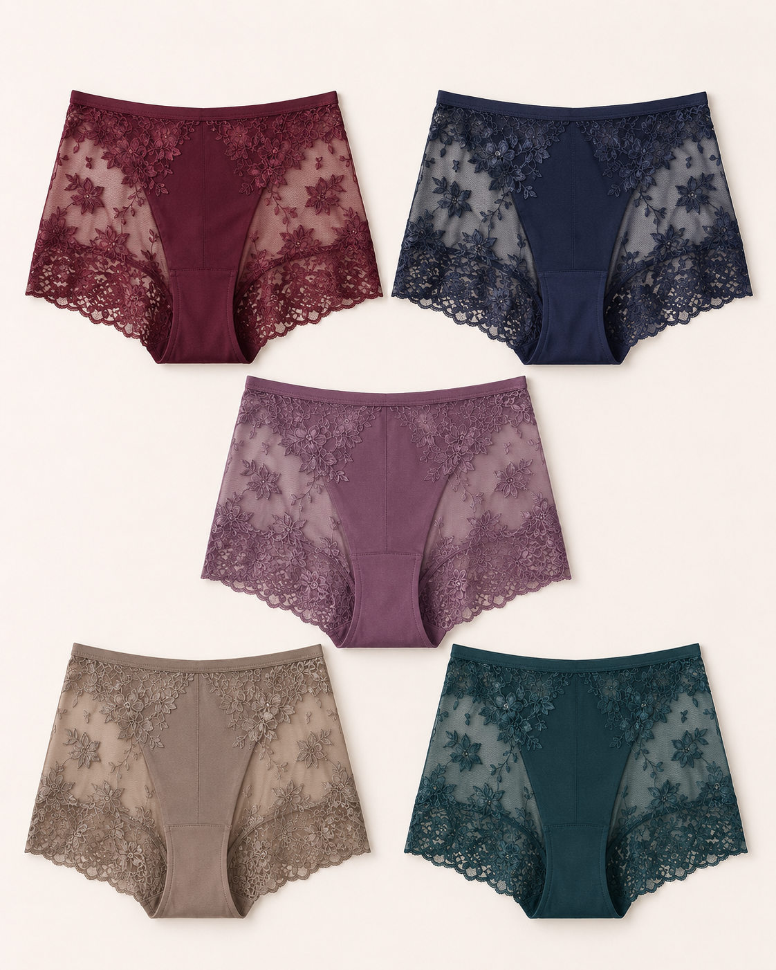Conjunto de cinco cuecas boxer de renda em cores escuras