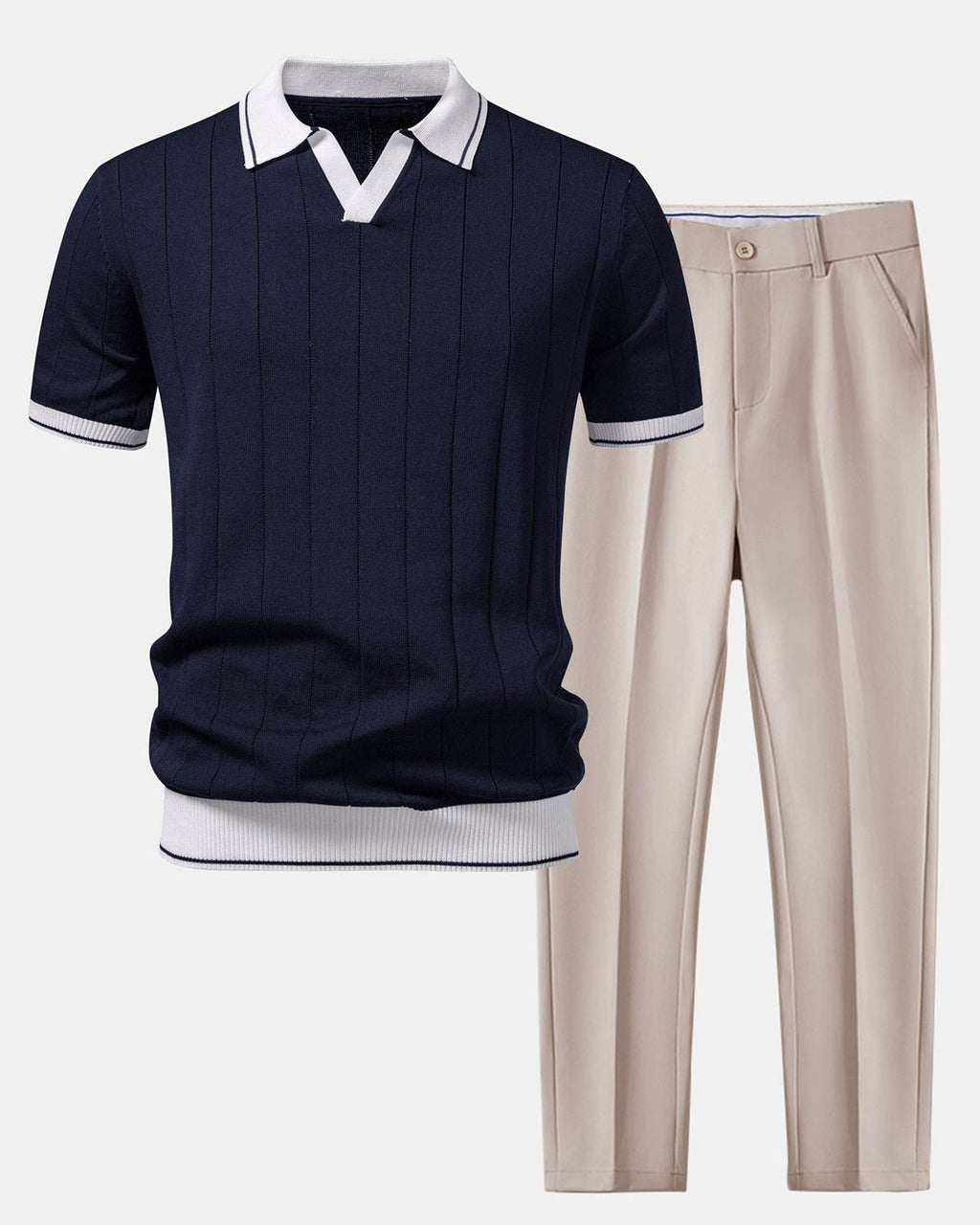 Beige ribbikauluksinen pikeepaita ja kapenevat slim fit -housut 4:5-tuotekuvassa