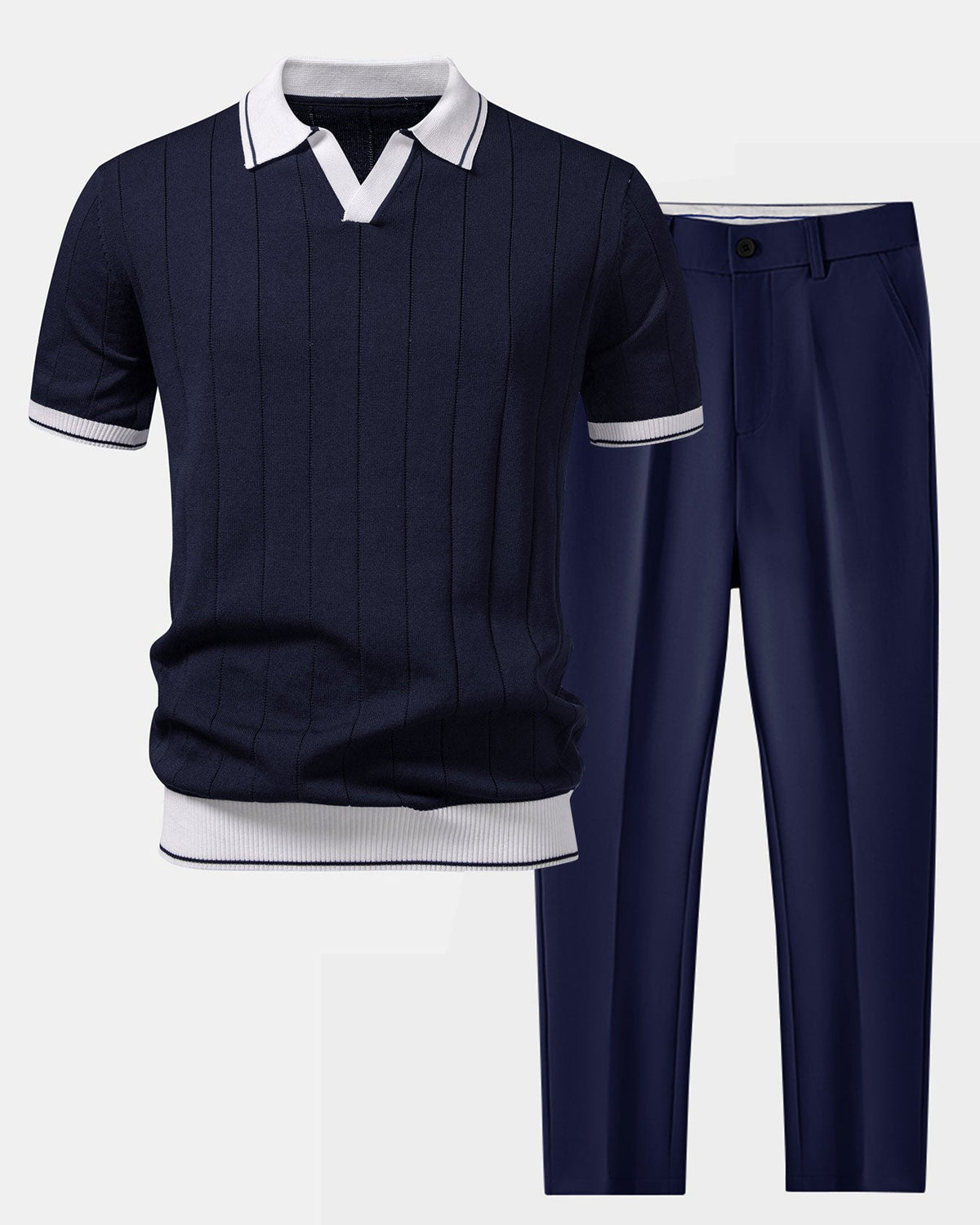 Laivastonsininen ribbikauluksinen pikeepaita ja kapenevat slim fit -housut 4:5-tuotekuvassa