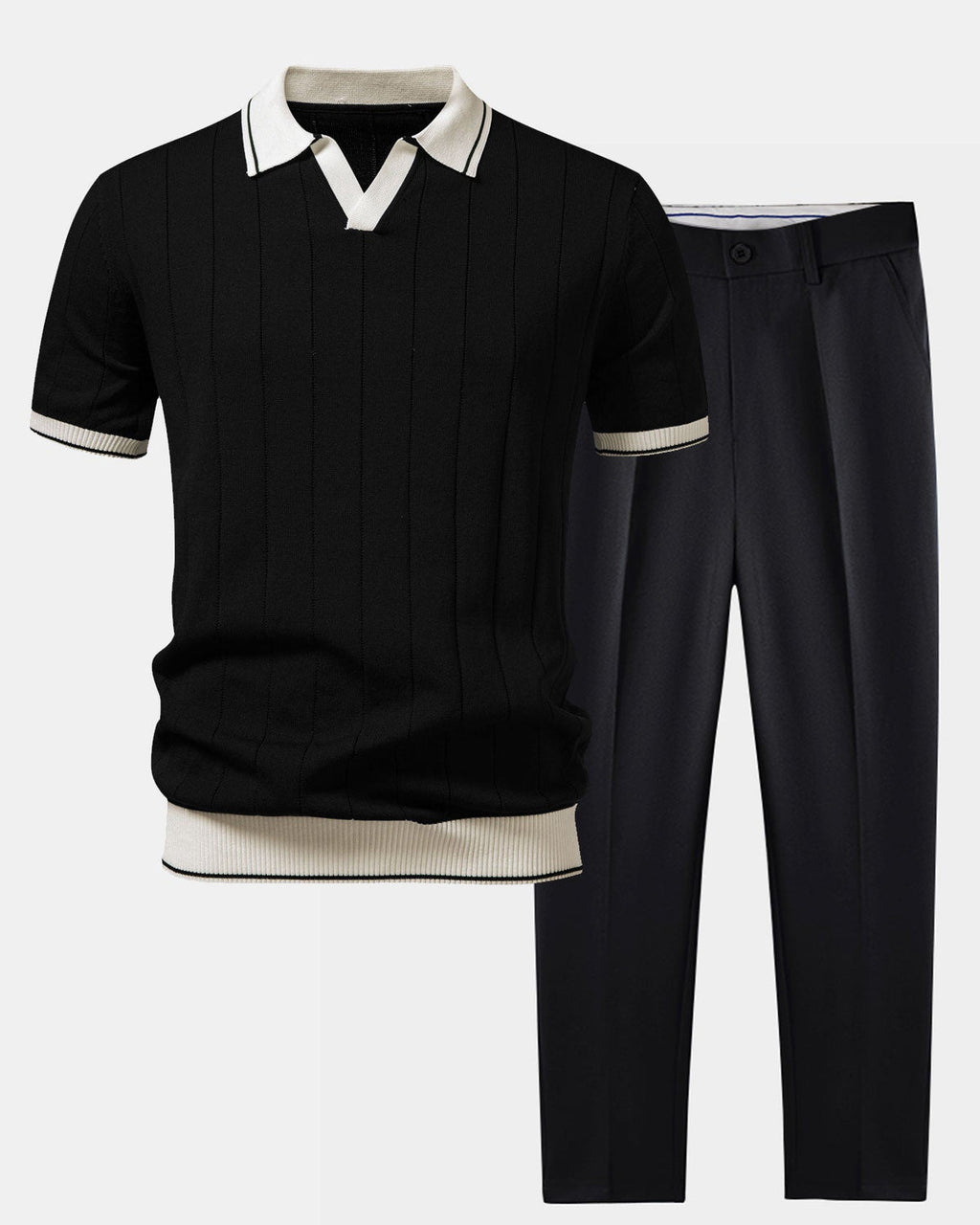 Musta ribbikauluksinen pikeepaita ja kapenevat slim fit -housut 4:5-tuotekuvassa
