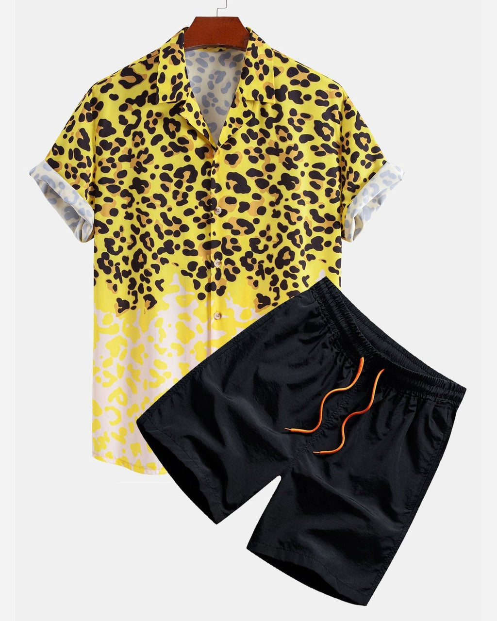 Keltainen leopardikuvioinen paita ja mustat uimashortsit, tekninen tuotekuva