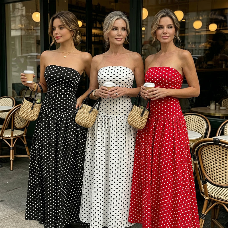 Naisten pilkullinen olkaimeton mekko