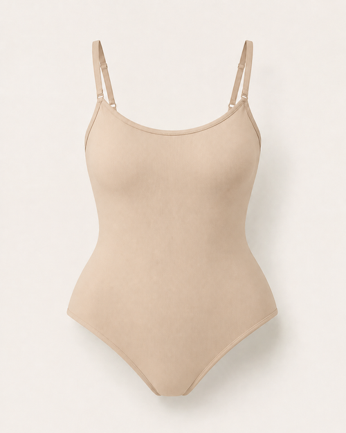 Seamless shaping bodysuit in beige, product-only studio view