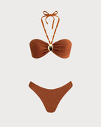 Ruskeat struktuuripintaiset bandeau-bikinit halterneck-nauhalla, tekninen etukuva