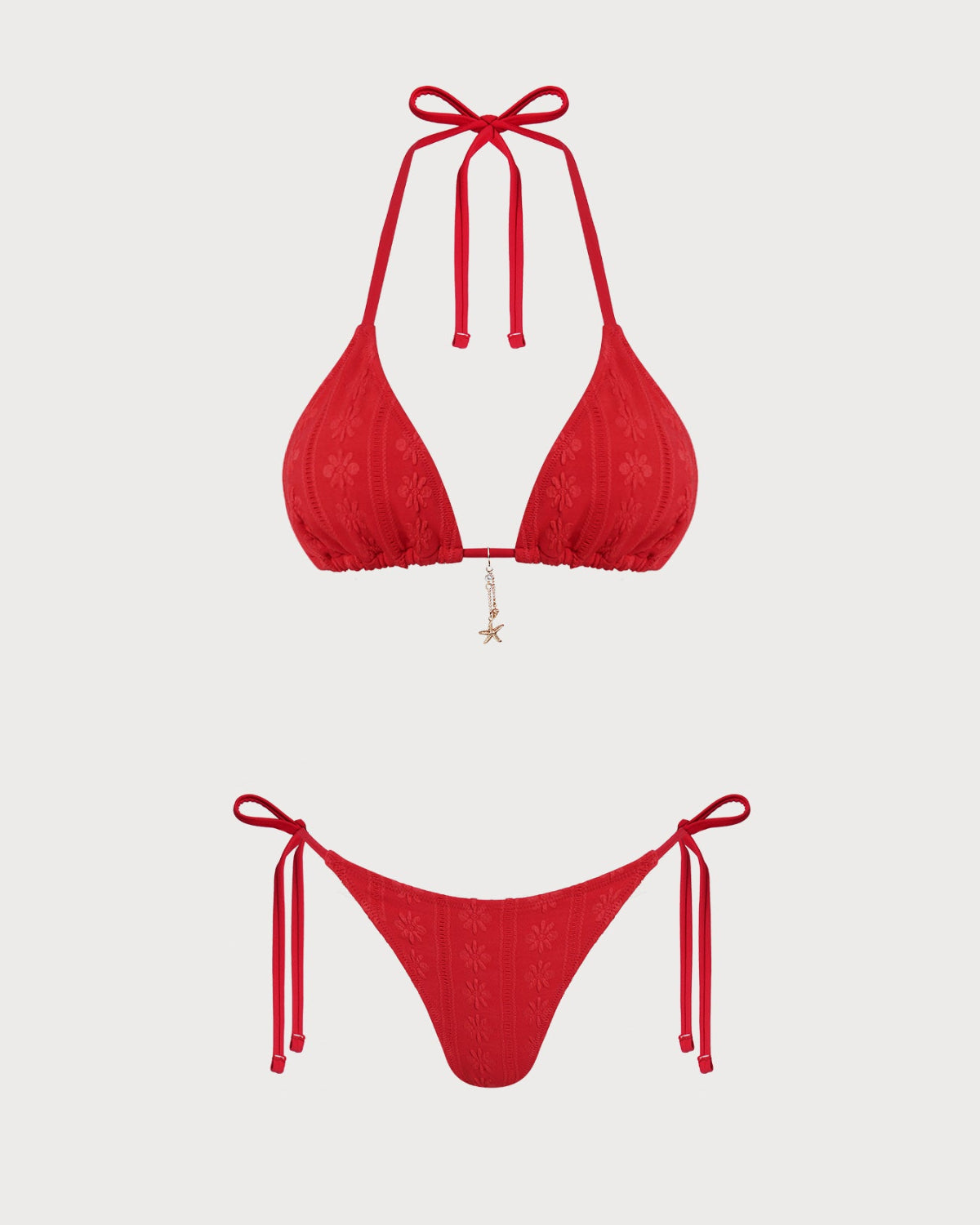 Jacquard-halterneck-bikinit nyörikiristyksellä, punainen