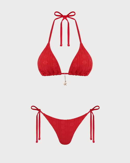 Jacquard-halterneck-bikinit nyörikiristyksellä, punainen
