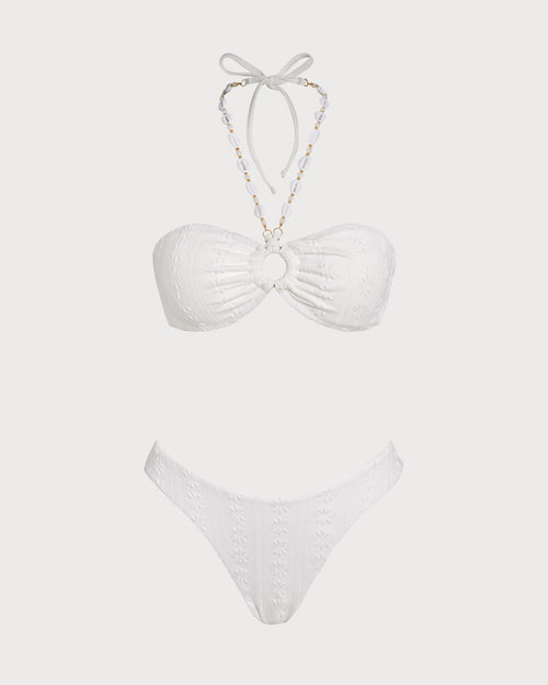 Jacquard-bandeau-bikinit halterneckillä, valkoinen